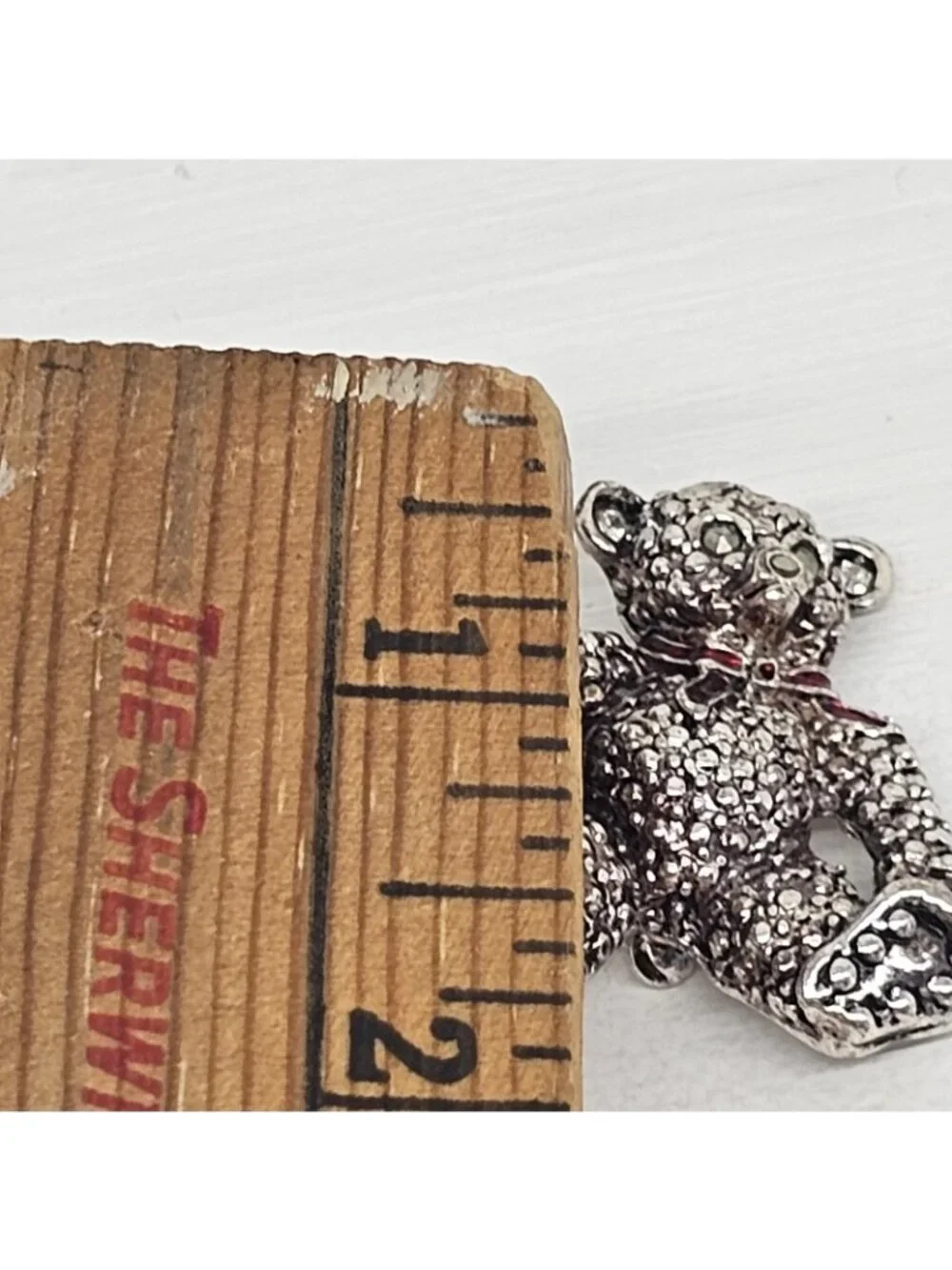 Vintage AAI Signed Teddy Bear Brooch  Textured Silver Tone Red...